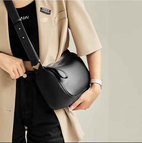 Bolso de Hombro de Cuero PU para Mujer Gran Capacidad Bolso de Bandolera Cilíndrico Almohada Con Correa Ancha Ajustable