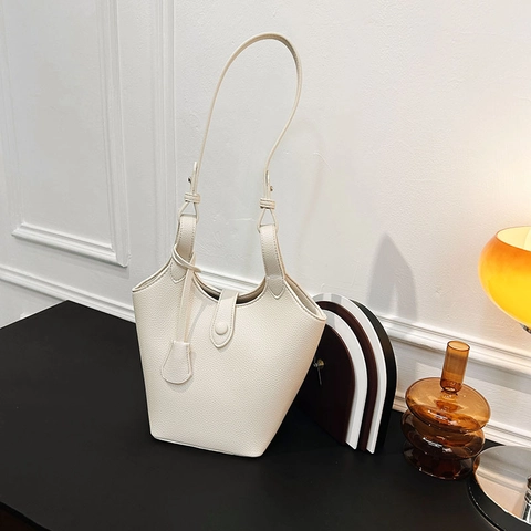Damen Minimalistische Eimertasche Aus Kiesel-PU-Leder Urban Chic Schulter-Umhängetasche Trendige Unterarmtasche Für Den Alltag