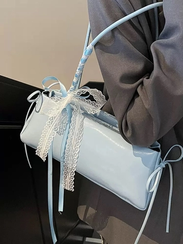 Women Balletcore Underarm Baguette Bag Shiny PU Leather Shoulder Bag With Lace Bow Ribbon Decoration Fashion Chic Handbag
