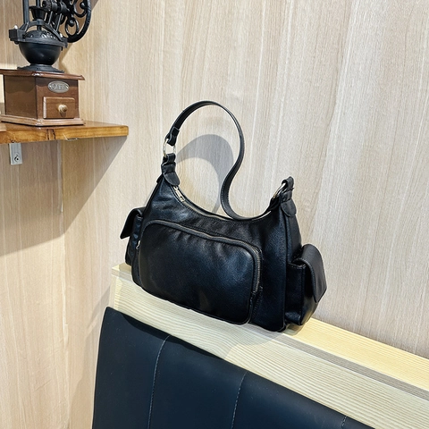 Vintage PU Leather Multi Pocket Shoulder Bag For Women Retro Casual Underarm Bag Commuter Handbag Solid Color Purse