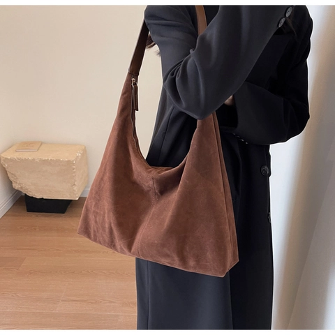 Women Suede Tote Bag Large Capacity Solid Color Hobo Shoulder Bag Commuter Street Style Fashion Stitching Handbag For Daily