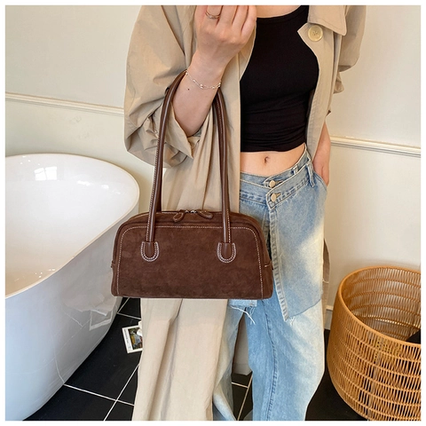 Vintage Frosted PU Leather Handbag For Women Large Capacity Tote Underarm Bag Contrast Stitching Retro Commuter Shoulder Purse