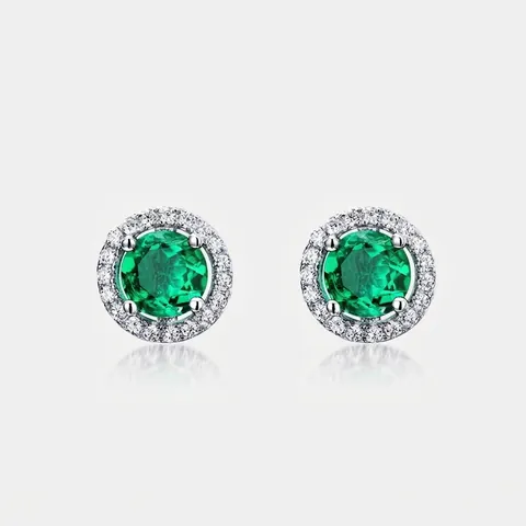 Pendientes de Botón de Plata de Ley 925 con Esmeralda de Laboratorio Redondo Gema Verde Halo Strass Joyería Retro Elegante Mujer