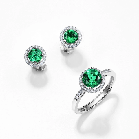 Anello Vintage in Argento Sterling 925 con Smeraldo Creato in Laboratorio per Donna Taglio Tondo Halo Anello Aperto Regolabile Lussuoso Gioielli con Strass Regalo