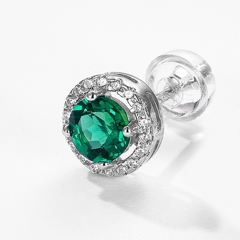 Pendientes de Botón de Plata de Ley 925 con Esmeralda de Laboratorio Redondo Gema Verde Halo Strass Joyería Retro Elegante Mujer