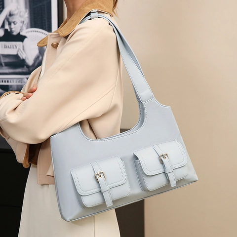 Vintage PU Leren Schoudertas Voor Dames Retro Motorfiets Stijl Handtas Met Dubbele Zak Veelzijdige Onderarm Hobo Tas