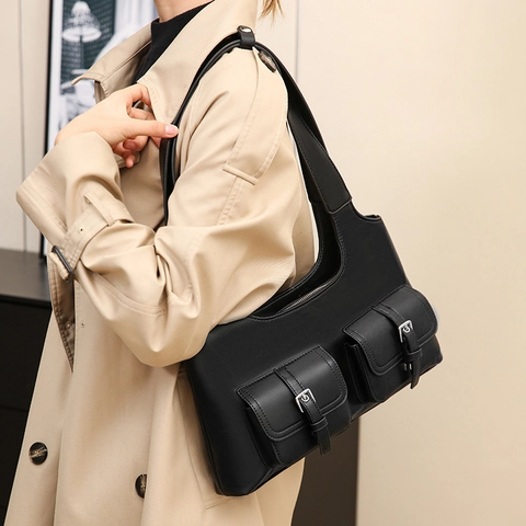 Vintage PU Leren Schoudertas Voor Dames Retro Motorfiets Stijl Handtas Met Dubbele Zak Veelzijdige Onderarm Hobo Tas