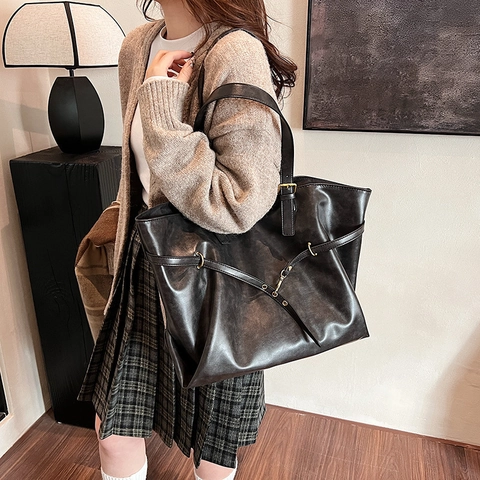 Vintage PU Leder Tote Bag Für Damen Große Kapazität Schultertasche Mit Metallschnalle Pendeln Büro Dame Handtasche