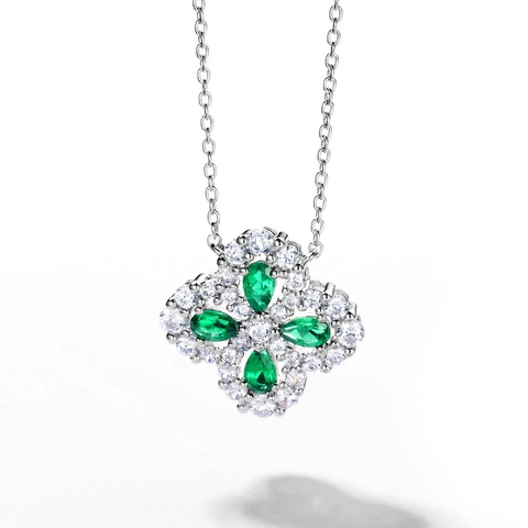 925 Sterlingsilber Im Labor Gezüchteter Smaragd Halskette Für Damen Vintage Kleeblatt Anhänger Zirkonia Schlüsselbein Kette Schmuck Geschenk