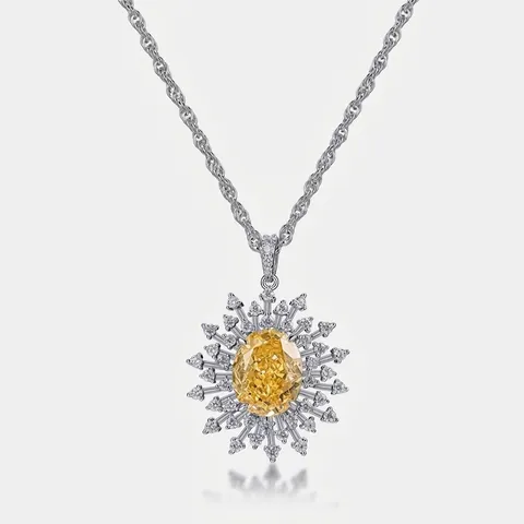 Lussuoso Ciondolo Girasole in Argento Sterling S925 Con Pietra di Zirconia Gialla Ovale Ciondolo Sunburst Fatto a Mano da Donna