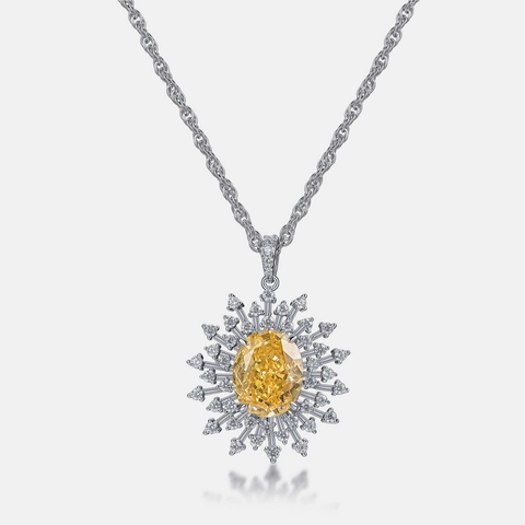 Lussuoso Ciondolo Girasole in Argento Sterling S925 Con Pietra di Zirconia Gialla Ovale Ciondolo Sunburst Fatto a Mano da Donna