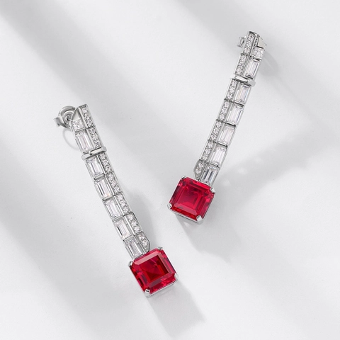 925 Sterling Silver Drop Earrings For Women Geometric Square Synthetic Ruby Sapphire Elegant Zirconia Party Fashion Jewelry