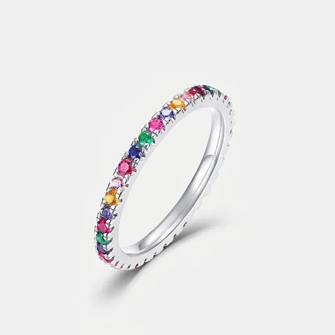 S925 Sterling Silver Rainbow Eternity Ring For Women Minimalist Inlaid Colorful Rhinestone Stackable Finger Ring Jewelry