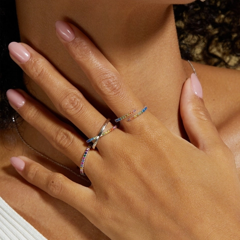 S925 Sterling Silver Rainbow Eternity Ring For Women Minimalist Inlaid Colorful Rhinestone Stackable Finger Ring Jewelry