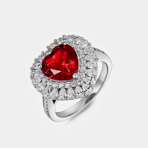 925 Sterling Silver Heart Created Ruby Zirconia Ring For Women Created Sapphire Halo Heart Ring Wedding Jewelry Gift