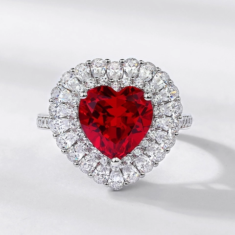 925 Sterling Silver Heart Created Ruby Zirconia Ring For Women Created Sapphire Halo Heart Ring Wedding Jewelry Gift