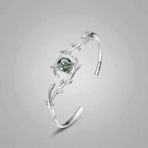 Bracciale Rigido Aperto in Argento Sterling S925 Con Agata Muschiata Naturale Design a Ramo Regolabile per Donna Gioielli alla Moda