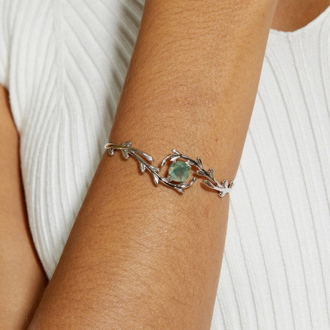 Bracciale Rigido Aperto in Argento Sterling S925 Con Agata Muschiata Naturale Design a Ramo Regolabile per Donna Gioielli alla Moda