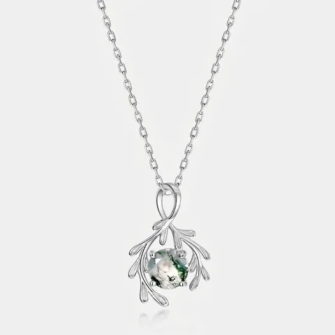 925 Sterlingsilber Moosachat Anhänger Halskette Für Damen Naturstein Botanischer Zweig Design Eleganter Schmuck Geschenk