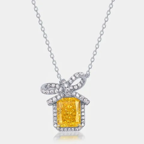Collana con Pendente a Fiocco in Argento Sterling S925 Giallo Taglio Radiant Strass per Donna Elegante Gioielli Catena Clavicola