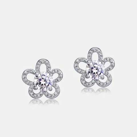 Boucles d'Oreilles Clous Fleur en Argent Sterling S925 Moissanite pour Femme Pierre Centrale Ronde Brillante Bijoux Vintage Avec Certificat GRA