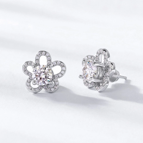 Boucles d'Oreilles Clous Fleur en Argent Sterling S925 Moissanite pour Femme Pierre Centrale Ronde Brillante Bijoux Vintage Avec Certificat GRA