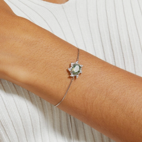 Bracelet en Argent Sterling 925 avec Agate Mousse pour Femme Pierre Naturelle Ovale Verte Incrusté de Strass Chaîne Réglable Bijoux Rétro Cadeau