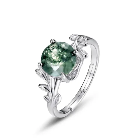 Anello Aperto in Argento Sterling S925 con Agata Muschiata Naturale per Donna Elegante Design a Foglia Botanica Anello Regolabile