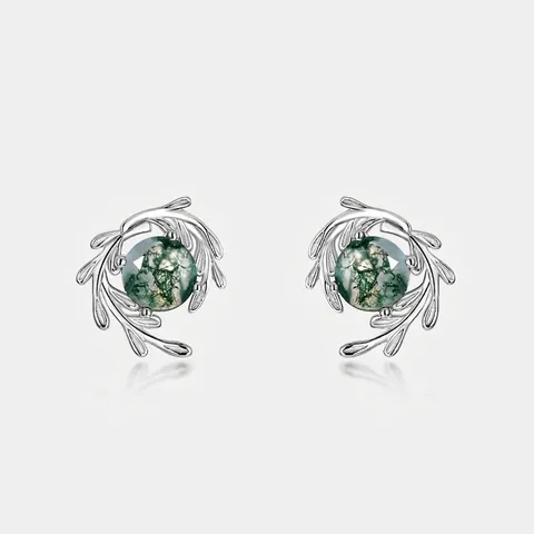 925 Sterling Silver Natural Green Moss Agate Stud Earrings For Women Forest Branch Vine Design Jewelry Gift