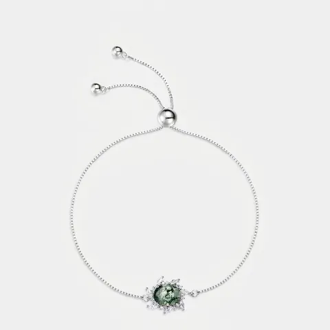 Bracelet en Argent Sterling 925 avec Agate Mousse pour Femme Pierre Naturelle Ovale Verte Incrusté de Strass Chaîne Réglable Bijoux Rétro Cadeau