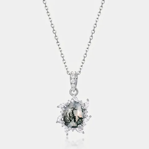 Collana con Ciondolo in Agata Muschiata Argento Sterling S925 per Donna Design Girasole Vintage Agata Verde Strass Intarsiato