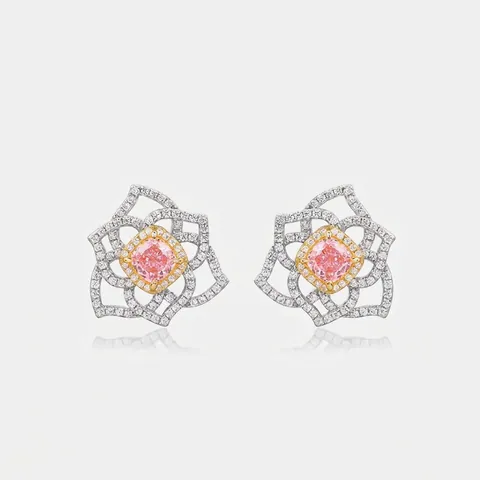 Orecchini a Bottone a Forma di Fiore Esagonale con Perno in Argento Sterling 925 Strass Rosa Intarsiato Gioielli Donna