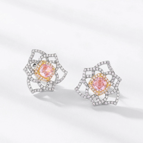 Orecchini a Bottone a Forma di Fiore Esagonale con Perno in Argento Sterling 925 Strass Rosa Intarsiato Gioielli Donna