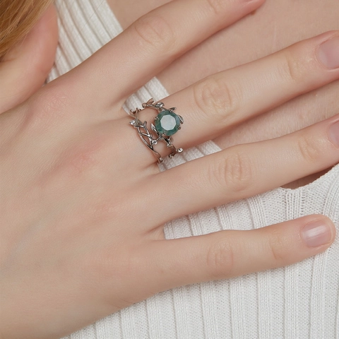 925 Sterling Silver Moss Agate Ring For Women Vintage Botanical Branch Leaf Zirconia Adjustable Open Finger Ring Jewelry