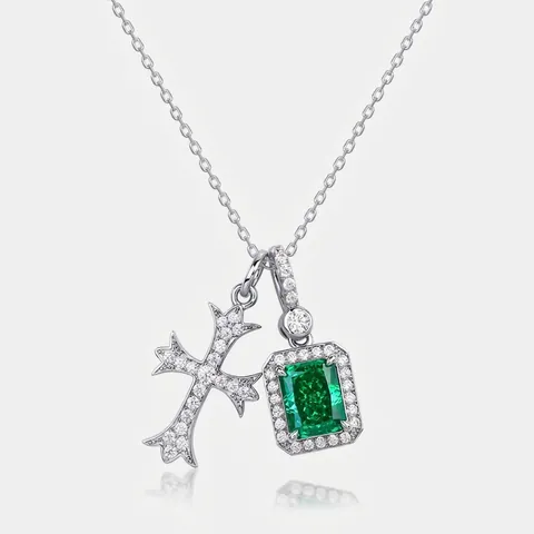 925 Sterling Silver Green Zirconia Cross Pendant Necklace Vintage Hip Hop Clavicle Chain Emerald Cut Jewelry For Women