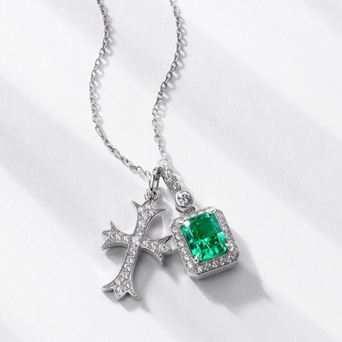 925 Sterling Silver Green Zirconia Cross Pendant Necklace Vintage Hip Hop Clavicle Chain Emerald Cut Jewelry For Women