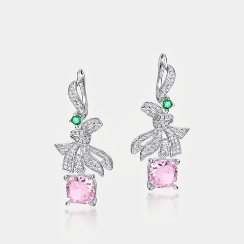 Lussuosi Orecchini a Pendente con Fiocco in Argento Sterling 925 per Donna Zirconia Rosa Taglio Cushion Pietra Verde Intarsiata