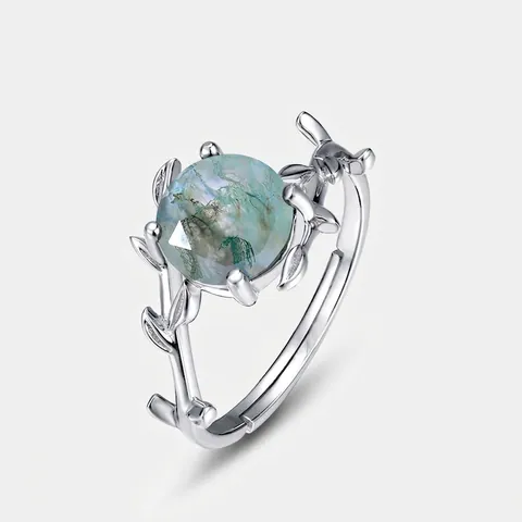 S925 Sterling Silver Moss Agate Ring For Women Vintage Natural Twig Leaf Open Adjustable Ring Green Gemstone Hand Jewelry