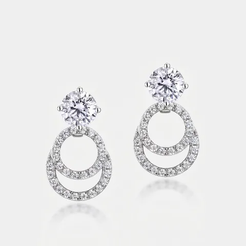S925 Sterling Silver Moissanite Double Circle Drop Earrings For Women Geometric Round Moissanite Dangle Earrings With GRA Certificate