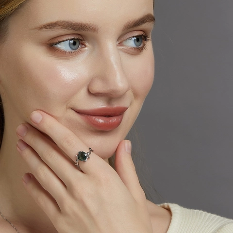 S925 Sterling Silver Moss Agate Ring For Women Vintage Natural Twig Leaf Open Adjustable Ring Green Gemstone Hand Jewelry