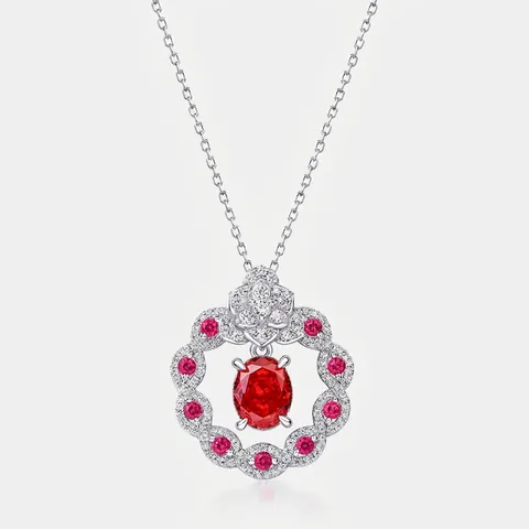 Lussuoso Ciondolo Solo in Argento Sterling 925 Zirconia Rosso Ovale Fiore Elegante Collana Gioielli per Donna Regalo Matrimonio