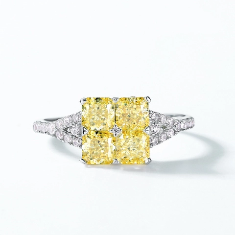Lussuoso Anello in Argento Sterling 925 con Strass Giallo per Donna Taglio Fiore di Ghiaccio Pietra Quadrata Gioielli Eleganti