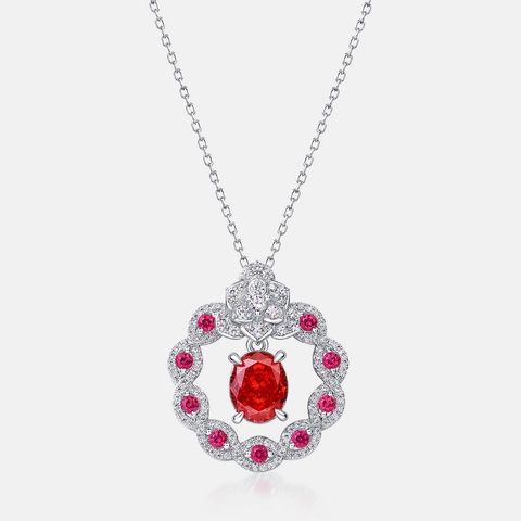 Lussuoso Ciondolo Solo in Argento Sterling 925 Zirconia Rosso Ovale Fiore Elegante Collana Gioielli per Donna Regalo Matrimonio