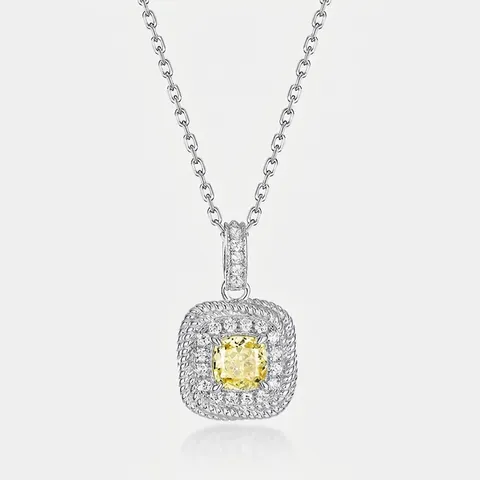 Kissen Schliff Blassgelb Strass Anhänger 925 Sterlingsilber Quadrat Zuckerwürfel Halo Pendentif Für Damen Ohne Kette