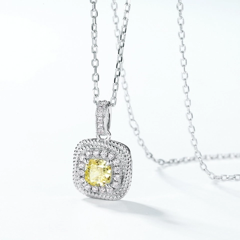 Kissen Schliff Blassgelb Strass Anhänger 925 Sterlingsilber Quadrat Zuckerwürfel Halo Pendentif Für Damen Ohne Kette