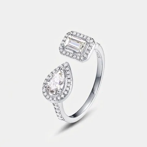 925 Sterling Silver Moissanite Open Ring For Women Emerald Pear Cut Toi Et Moi Halo Engagement Ring With GRA Certificate