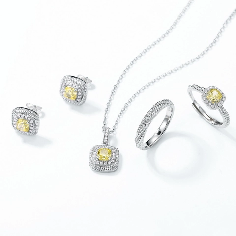 S925 Sterling Silver Square Halo Stud Earrings For Women Yellow Cushion Cut Rhinestone Radiant Geometric Jewelry Gift