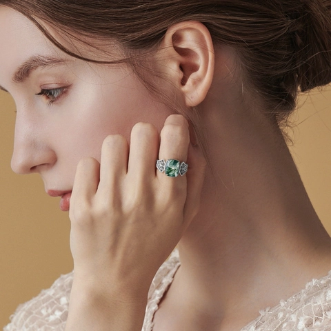Vintage S925 Sterlingsilber Moosachat Ring Quadrat Natur Grün Edelstein Offen Verstellbar Blatt Filigran Schmuck Für Damen