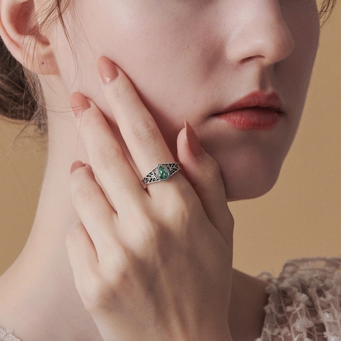Vintage S925 Sterling Silver Moss Agate Open Adjustable Ring For Women Retro Filigree Water Drop Green Stone Jewelry