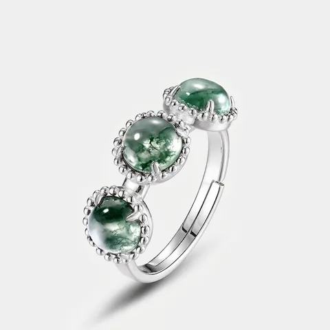 Vintage S925 Sterling Zilveren Mosagaat Ring Voor Dames Verstelbaar Open Drie Stenen Groene Natuurlijke Agaat Sieraden
